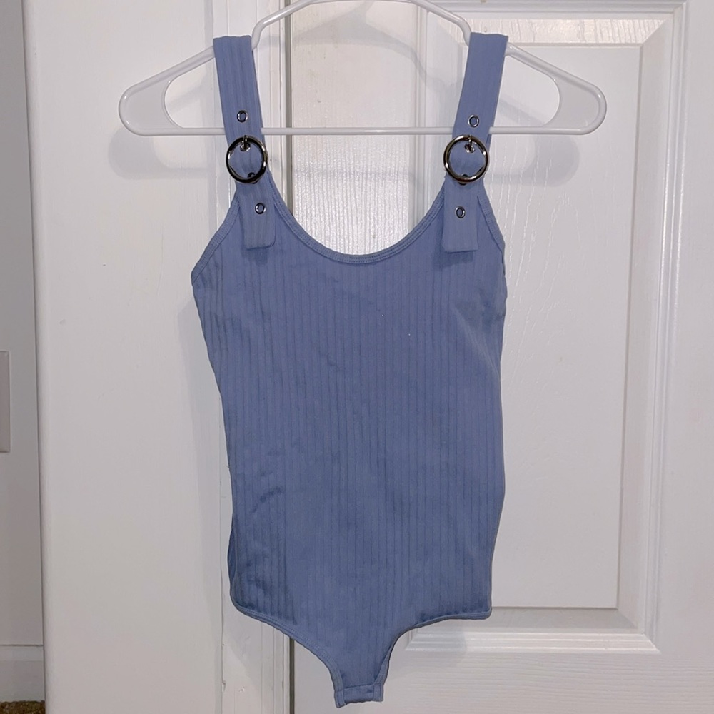 dusty blue buckle strap body suit